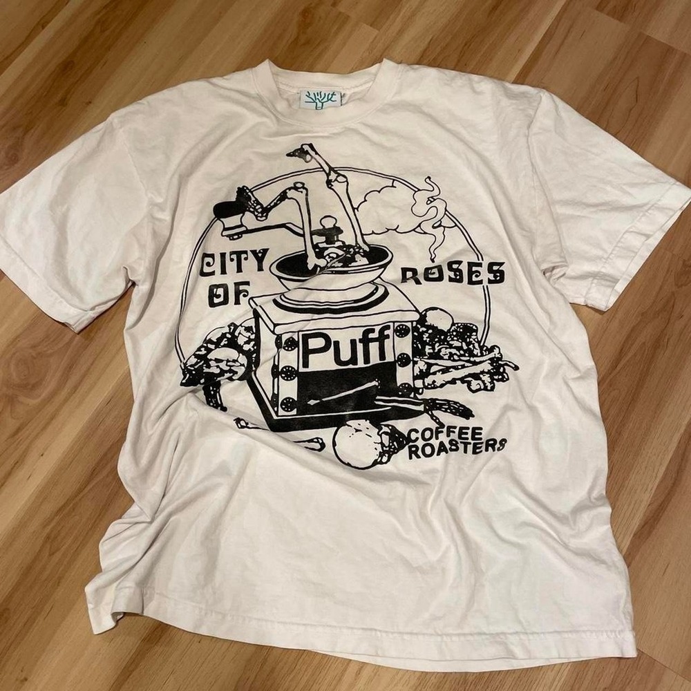 Online Ceramics Mens T-Shirt Puff Coffee Roasters City of Roses Large White